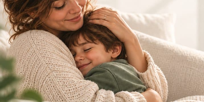 Mãe abraçando o filho com carinho